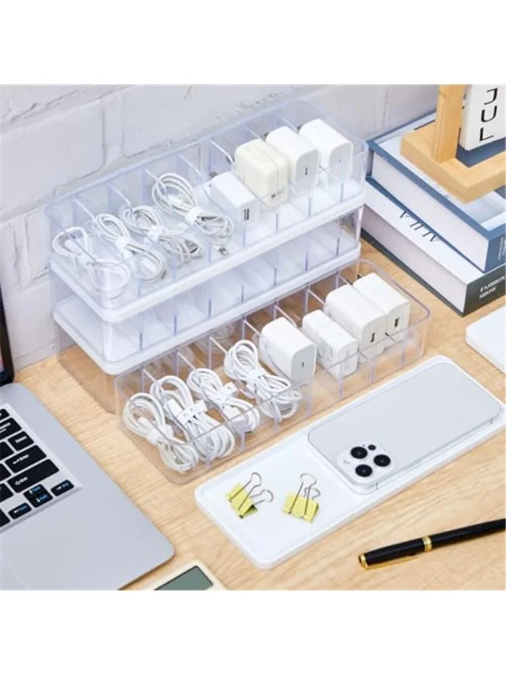 Cable Organizer Box Set 4Pack Cord Storage Container With Dividers Silicone Ties